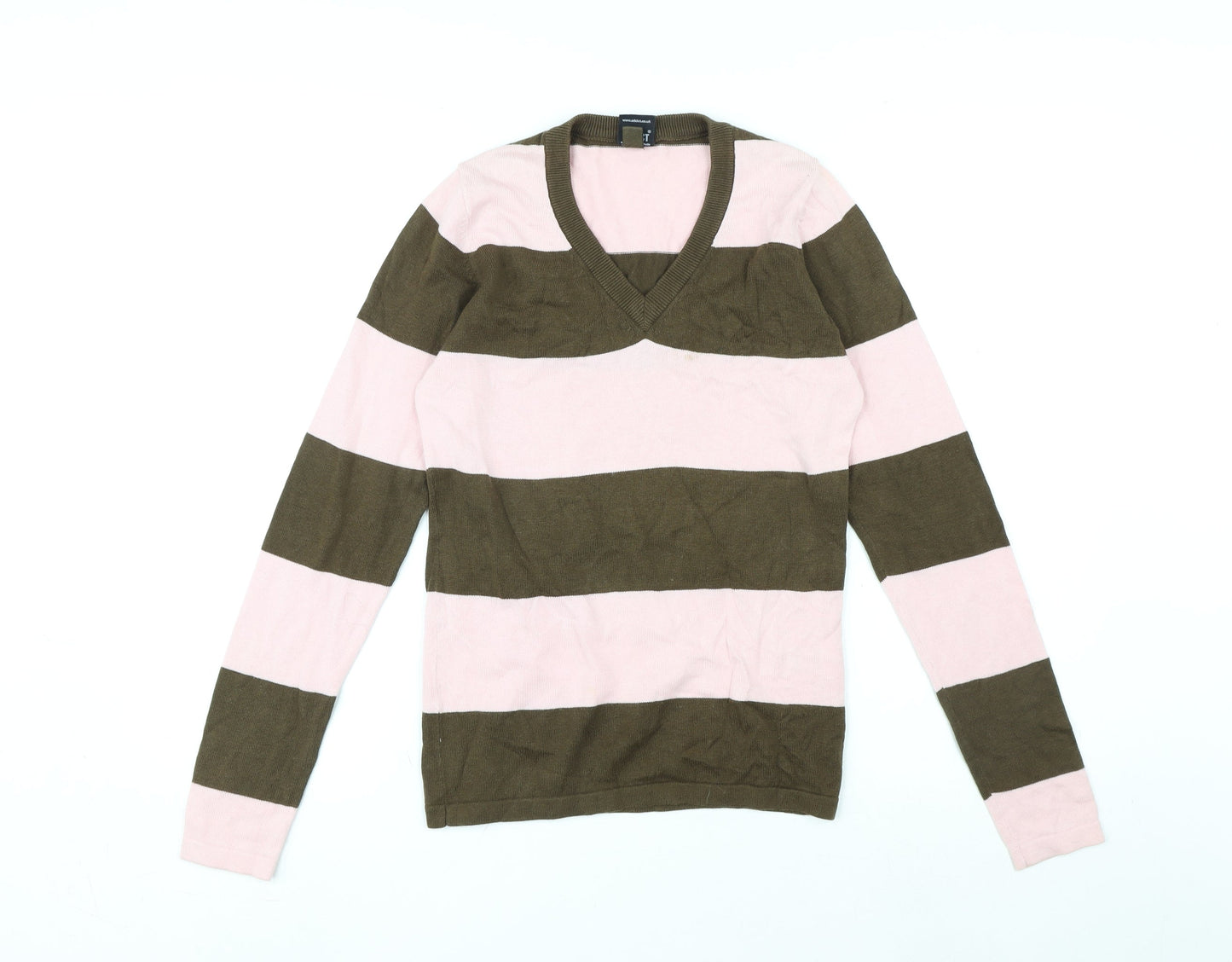 Addict Womens Pink V-Neck Striped Cotton Pullover Jumper Size XS