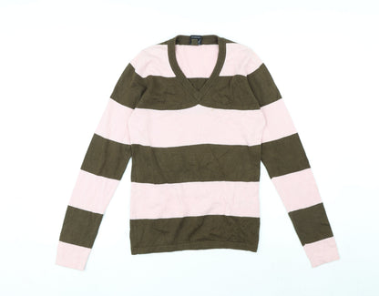 Addict Womens Pink V-Neck Striped Cotton Pullover Jumper Size XS