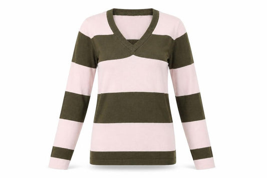 Addict Womens Pink V-Neck Striped Cotton Pullover Jumper Size XS
