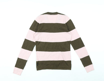 Addict Womens Pink V-Neck Striped Cotton Pullover Jumper Size XS