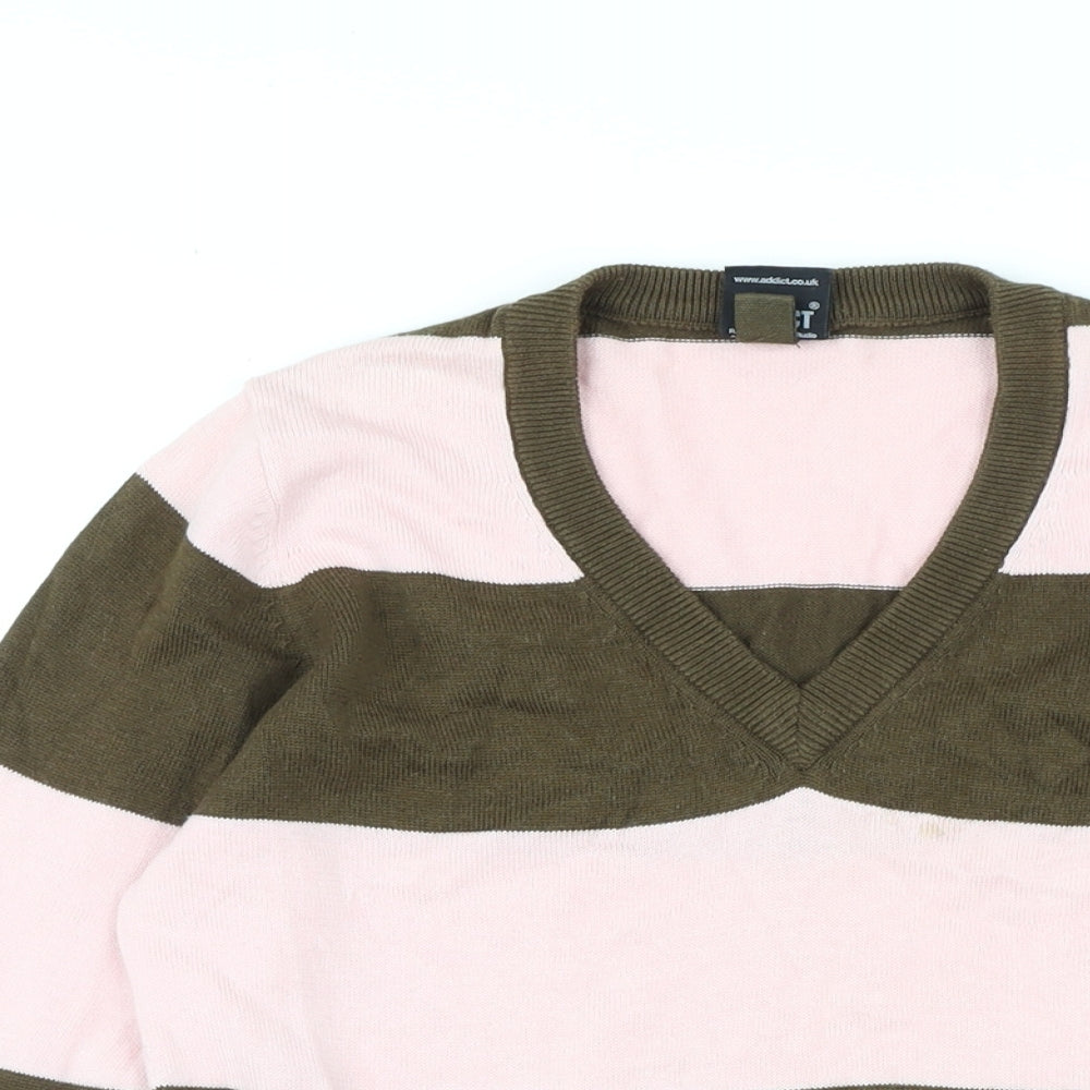 Addict Womens Pink V-Neck Striped Cotton Pullover Jumper Size XS