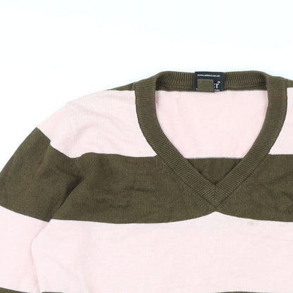 Addict Womens Pink V-Neck Striped Cotton Pullover Jumper Size XS