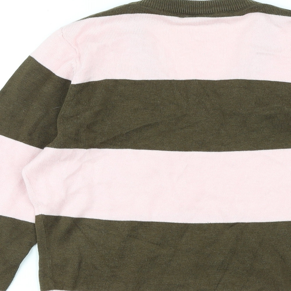 Addict Womens Pink V-Neck Striped Cotton Pullover Jumper Size XS