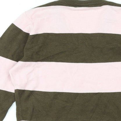Addict Womens Pink V-Neck Striped Cotton Pullover Jumper Size XS