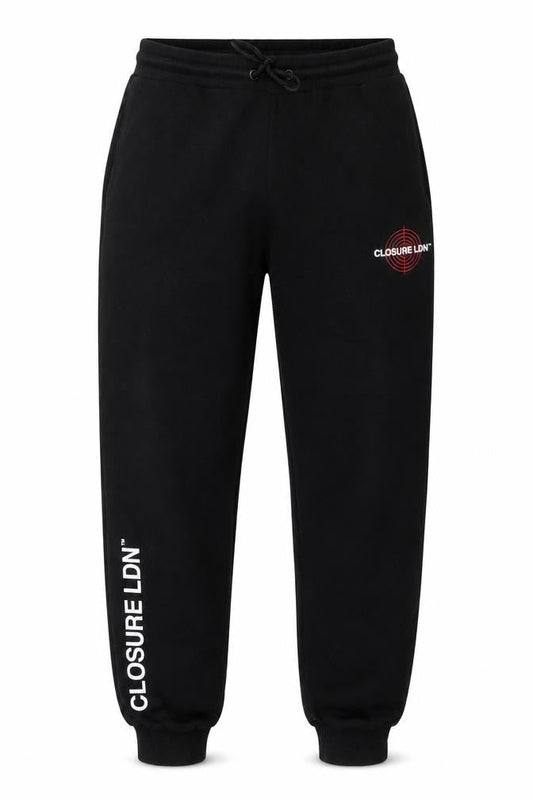 Front view of CLOSURE men’s black cotton sweatpants, size L, 28-inch leg regular drawstring