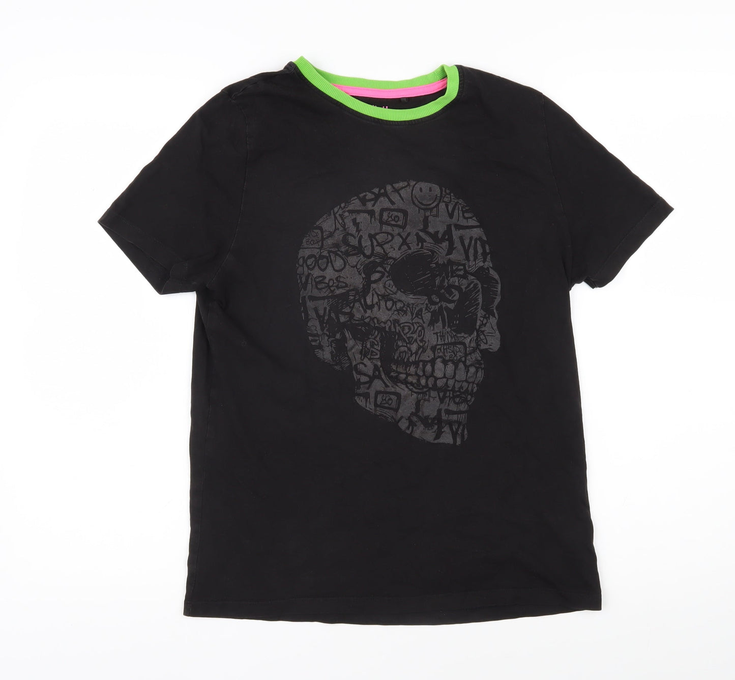 NEXT Girls Black 100% Cotton Basic T-Shirt Size 15 Years Round Neck Pullover - Skull
