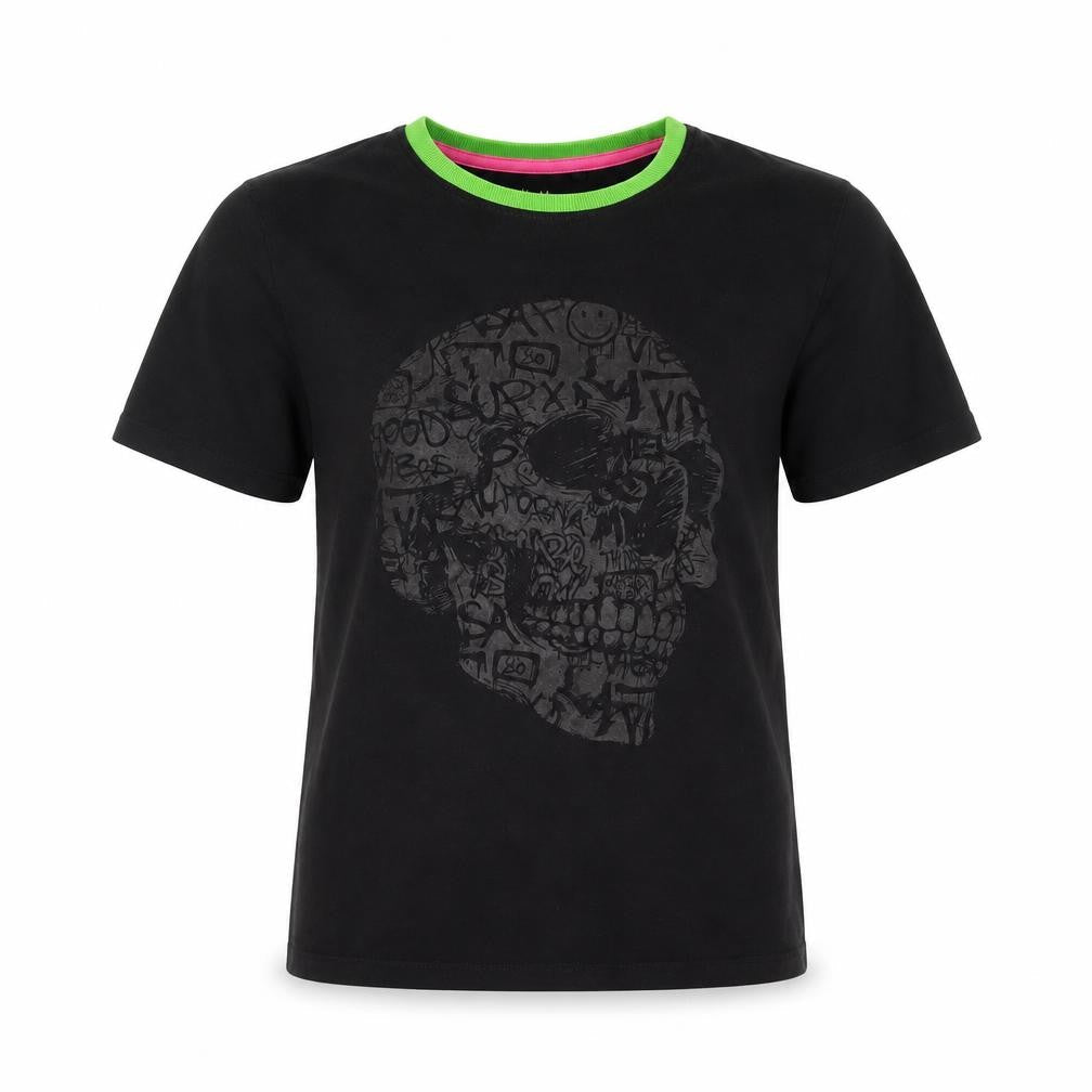 Front view of Next girls’ black 100% cotton basic t-shirt, size 15, years round neck pullover - skull