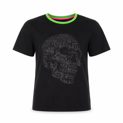 Front view of Next girls’ black 100% cotton basic t-shirt, size 15, years round neck pullover - skull
