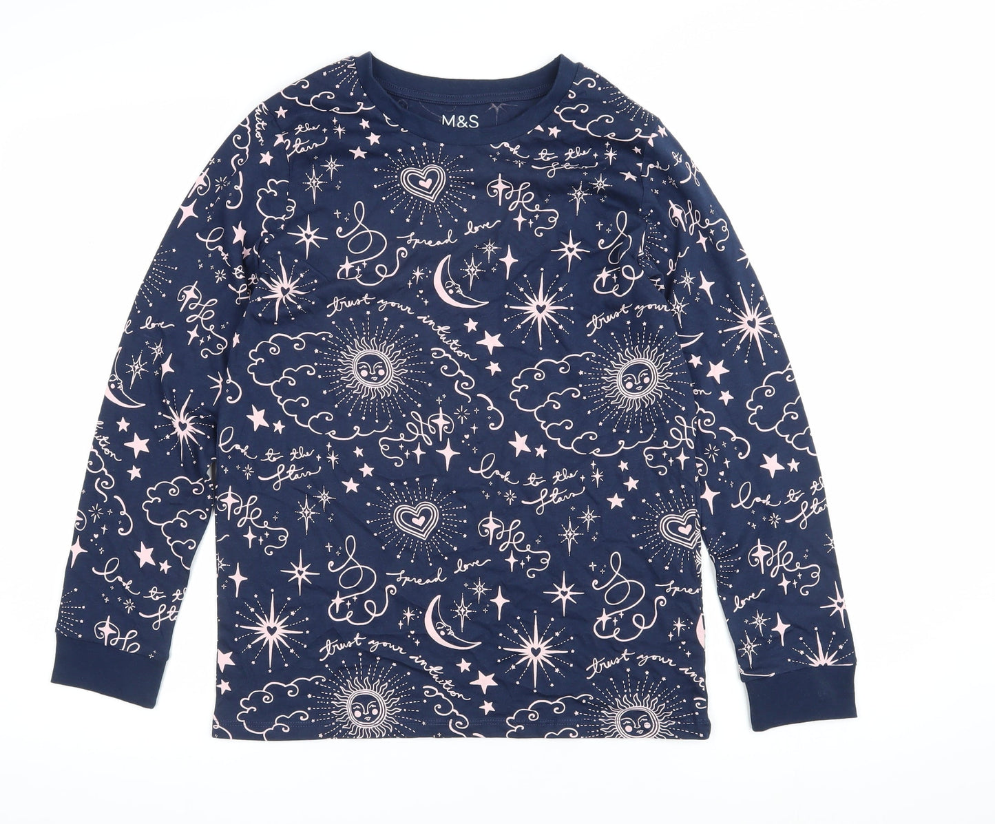 Marks and Spencer Girls Blue Geometric 100% Cotton Pullover Sweatshirt Size 11-12 Years Pullover - Moon & Stars