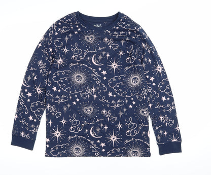 Marks and Spencer Girls Blue Geometric 100% Cotton Pullover Sweatshirt Size 11-12 Years Pullover - Moon & Stars