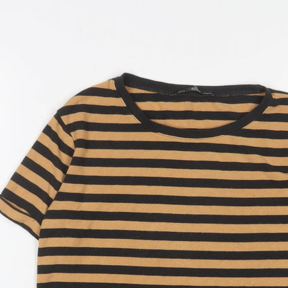 Zara Womens Brown Striped Viscose Basic T-Shirt Size S Crew Neck