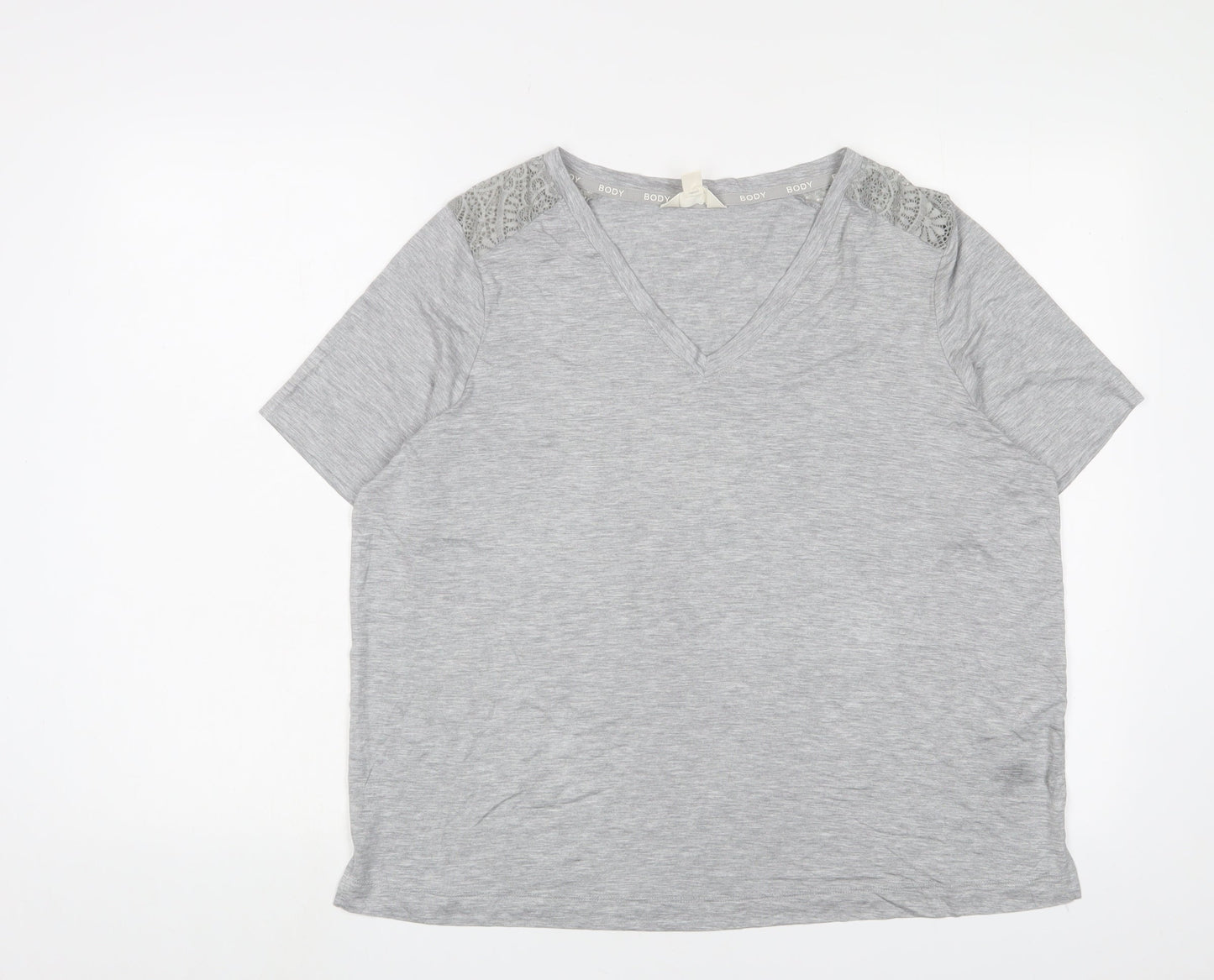 Marks and Spencer Womens Grey Viscose Basic T-Shirt Size L V-Neck Pullover - Lace
