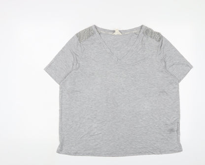 Marks and Spencer Womens Grey Viscose Basic T-Shirt Size L V-Neck Pullover - Lace