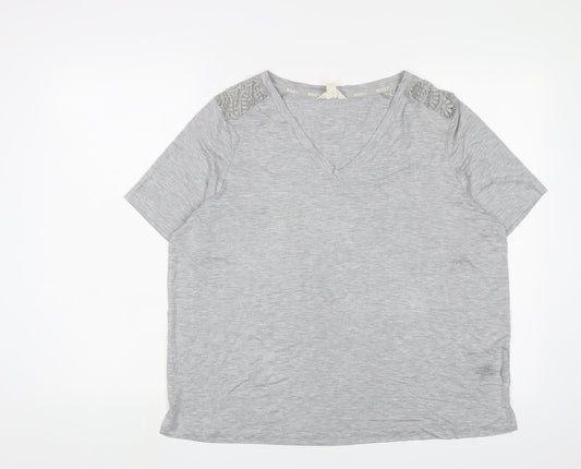 Marks and Spencer Womens Grey Viscose Basic T-Shirt Size L V-Neck Pullover - Lace