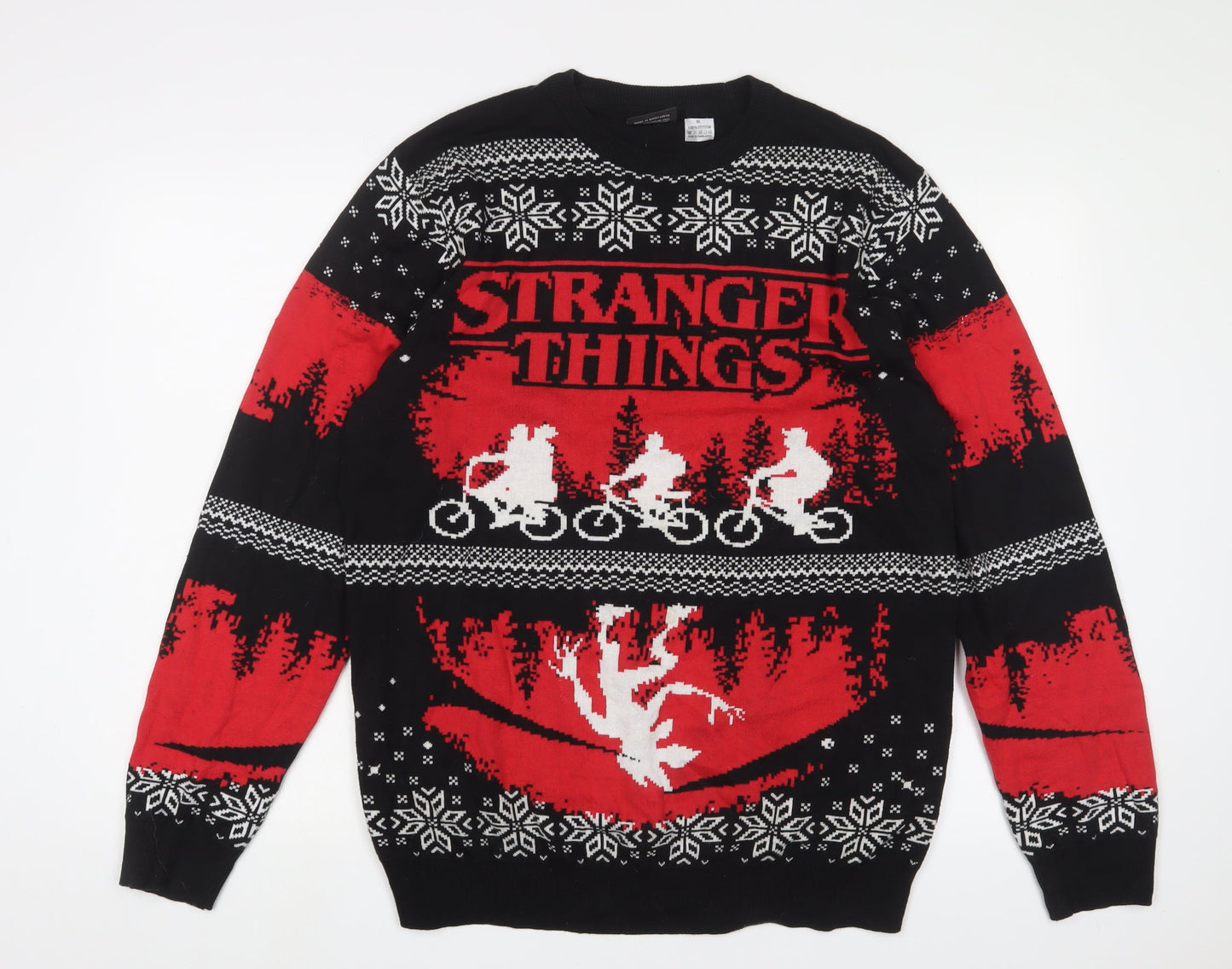 Stranger Things Mens Black Crew Neck Geometric Cotton Pullover Jumper Size XL Long Sleeve