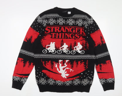 Stranger Things Mens Black Crew Neck Geometric Cotton Pullover Jumper Size XL Long Sleeve