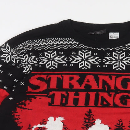 Stranger Things Mens Black Crew Neck Geometric Cotton Pullover Jumper Size XL Long Sleeve