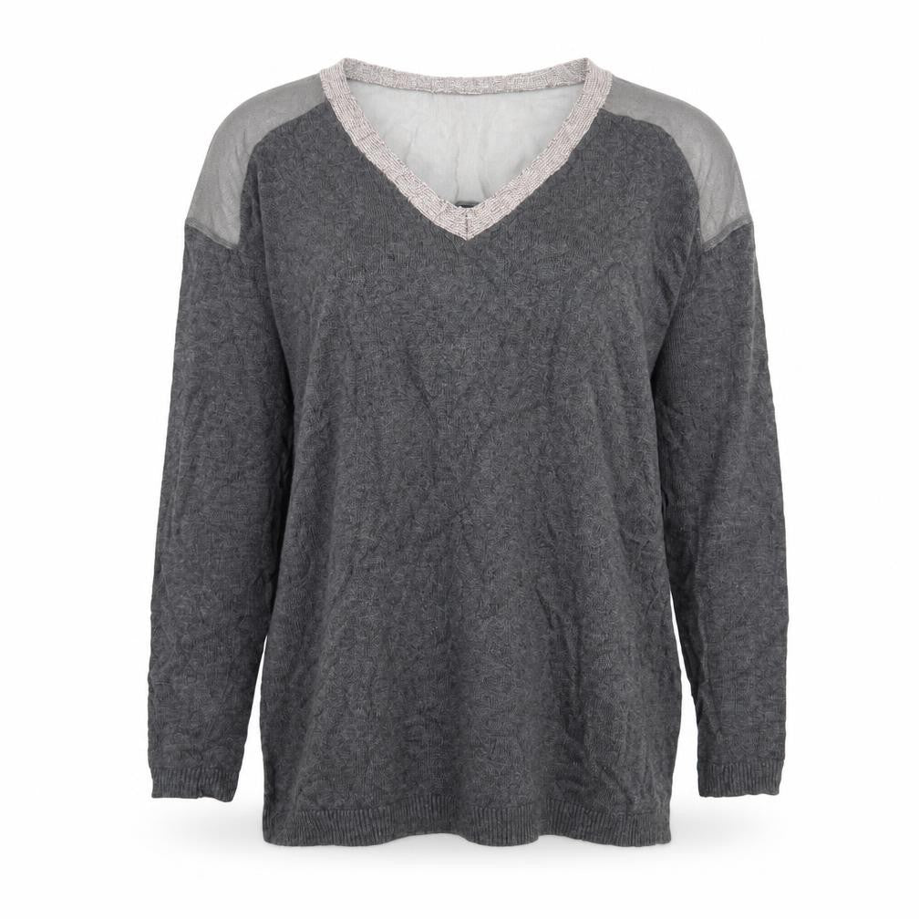 Front view of Savannah Miller women’s grey v-neck viscose jumper, size UK 8, - glitter
