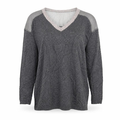 Front view of Savannah Miller women’s grey v-neck viscose jumper, size UK 8, - glitter