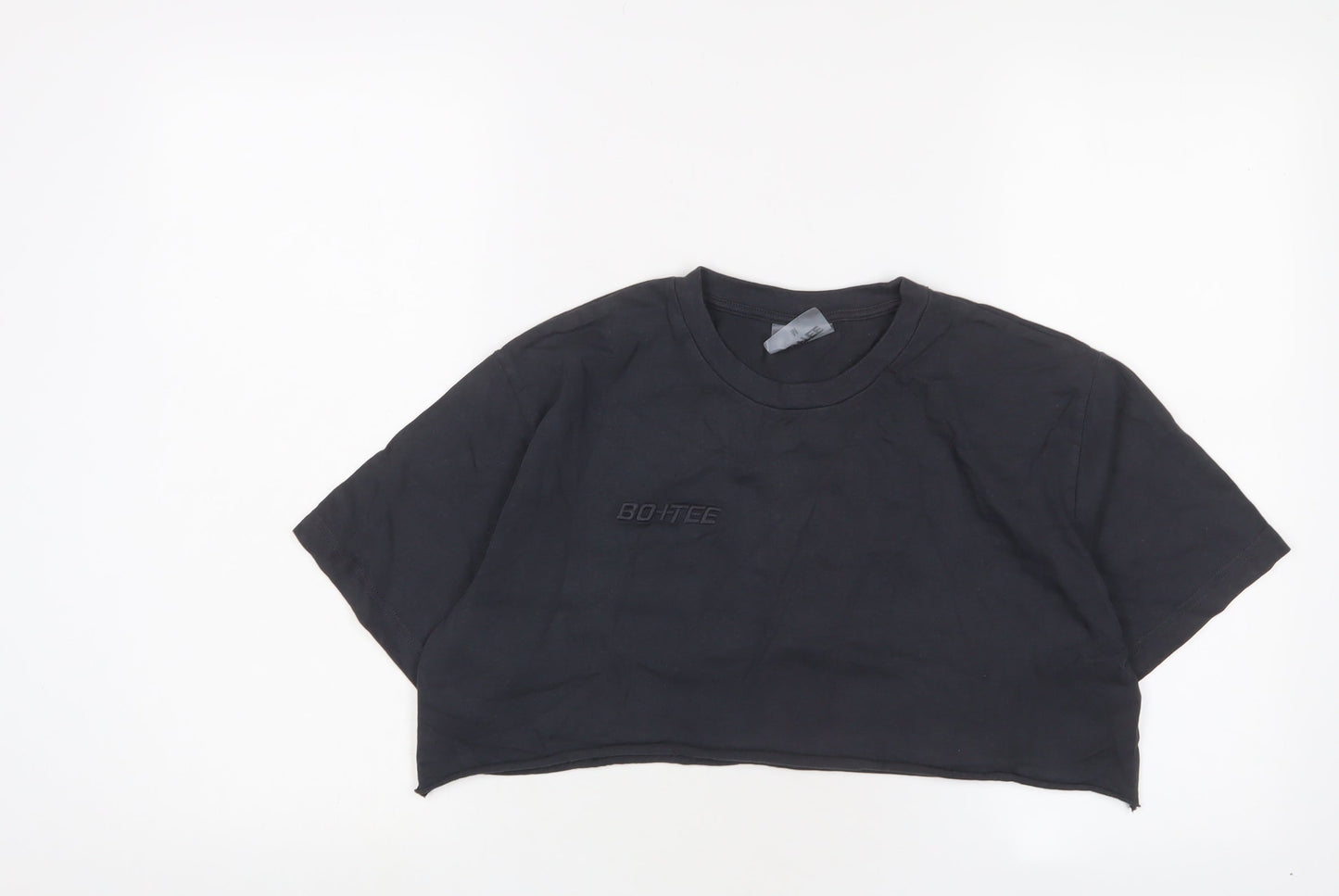 Bo+Tee Womens Grey Cotton Cropped T-Shirt Size M Crew Neck - Logo, Embroidered