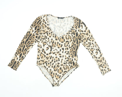 Boohoo Womens Beige Animal Print Viscose Bodysuit One-Piece Size 14 Snap - Leopard Print