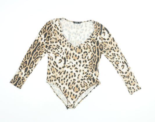 Boohoo Womens Beige Animal Print Viscose Bodysuit One-Piece Size 14 Snap - Leopard Print