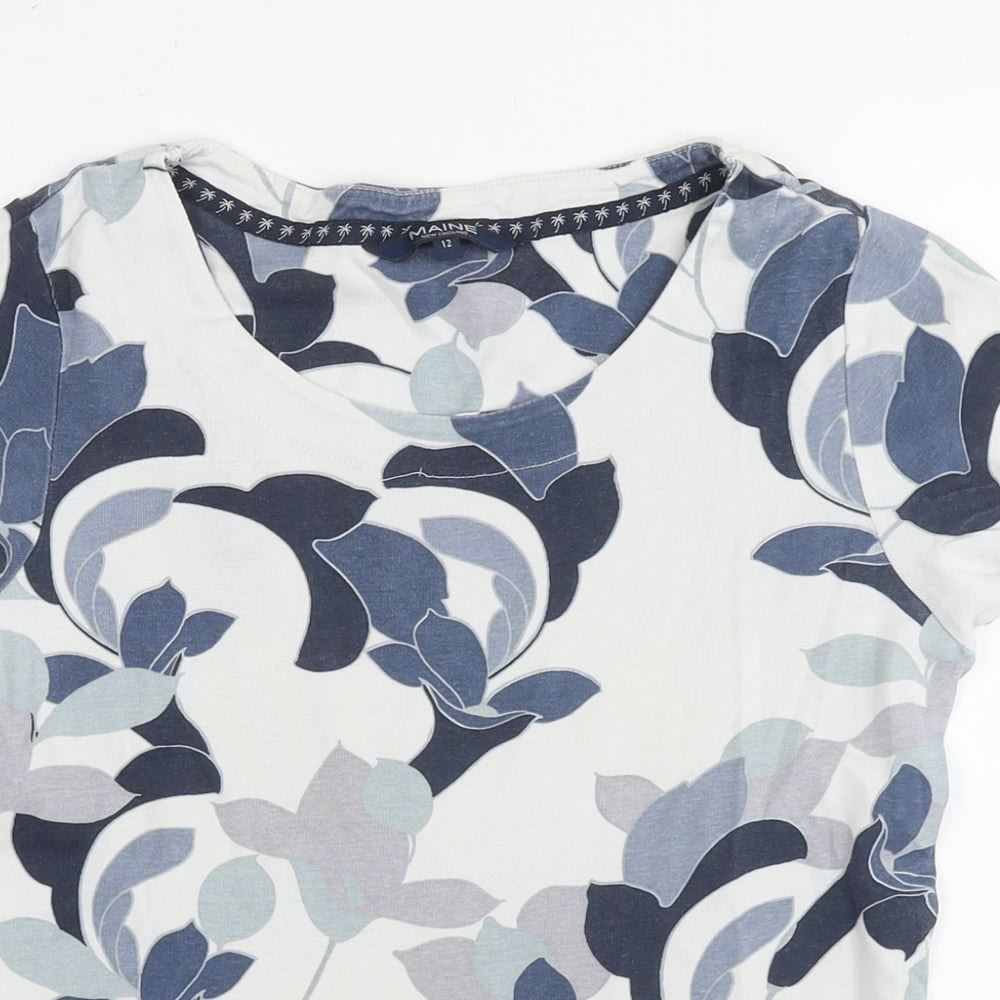 Maine Womens Blue Floral Cotton Basic Blouse Size 12 Round Neck