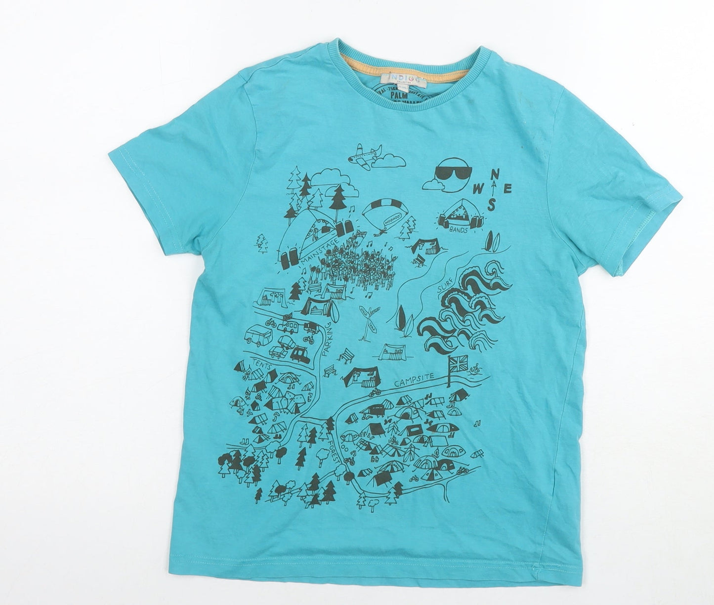 Marks and Spencer Boys Blue Cotton Basic T-Shirt Size 9-10 Years Round Neck Pullover - Campsite