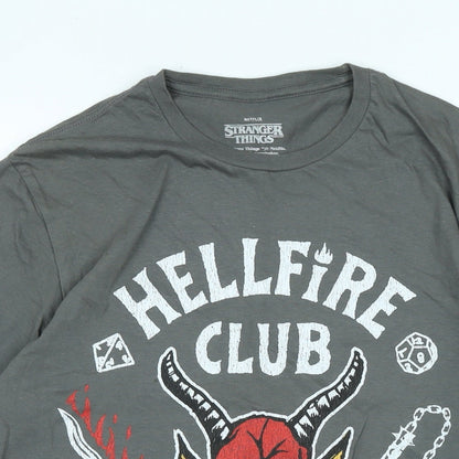 Stranger things Mens Grey Cotton T-Shirt Size M Crew Neck - Logo - Hellofire club