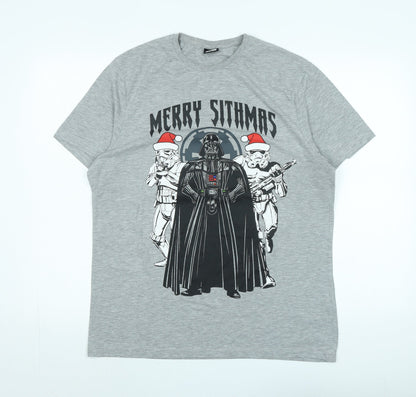 Star Wars Mens Grey Cotton T-Shirt Size L Crew Neck - Logo - Merry Sithmas