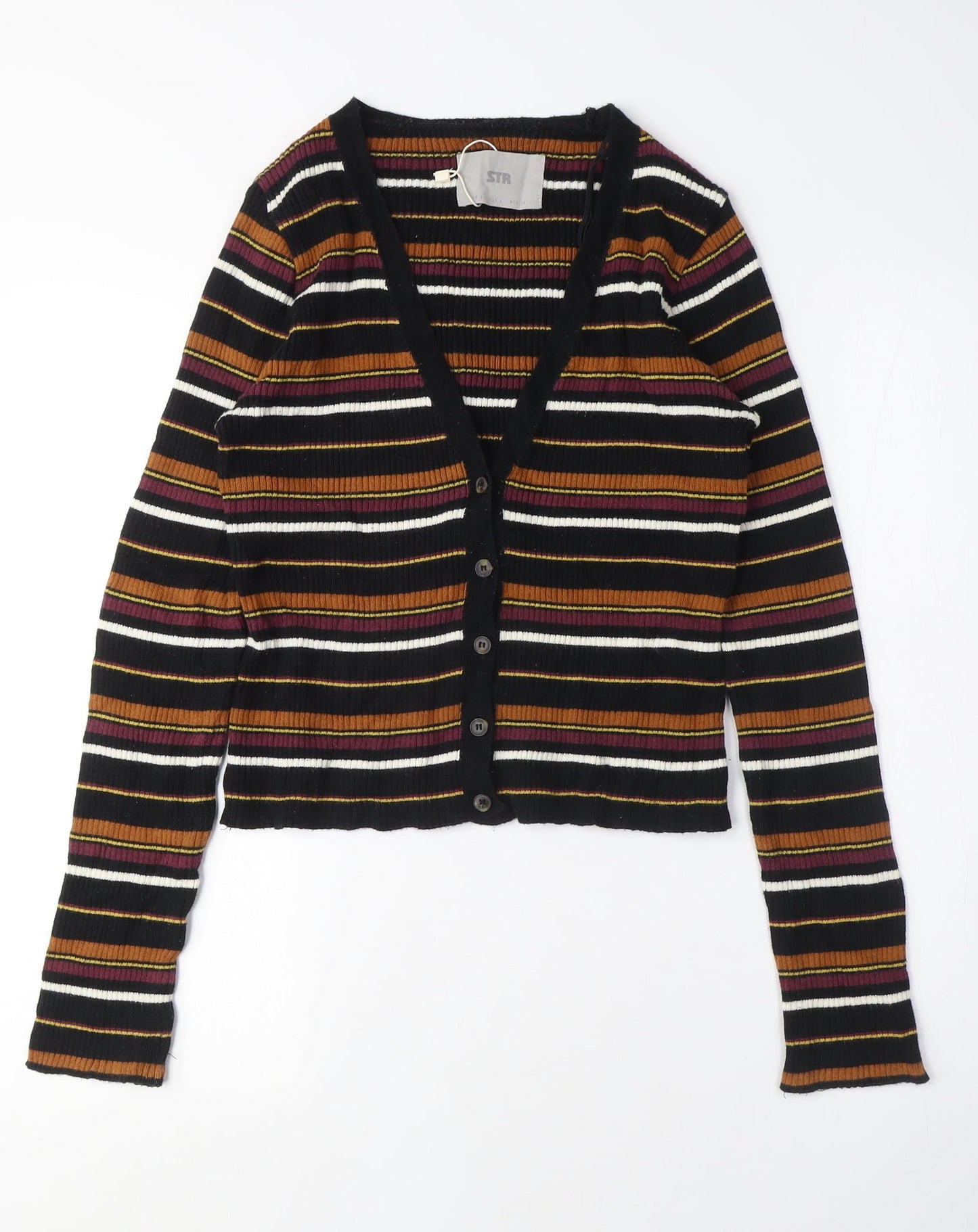 Stradviarius Womens Black V-Neck Striped Cotton Cardigan Jumper Size L