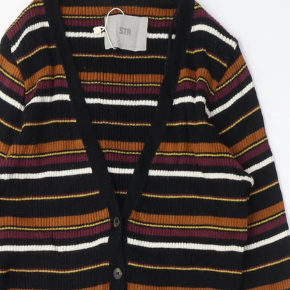 Stradviarius Womens Black V-Neck Striped Cotton Cardigan Jumper Size L
