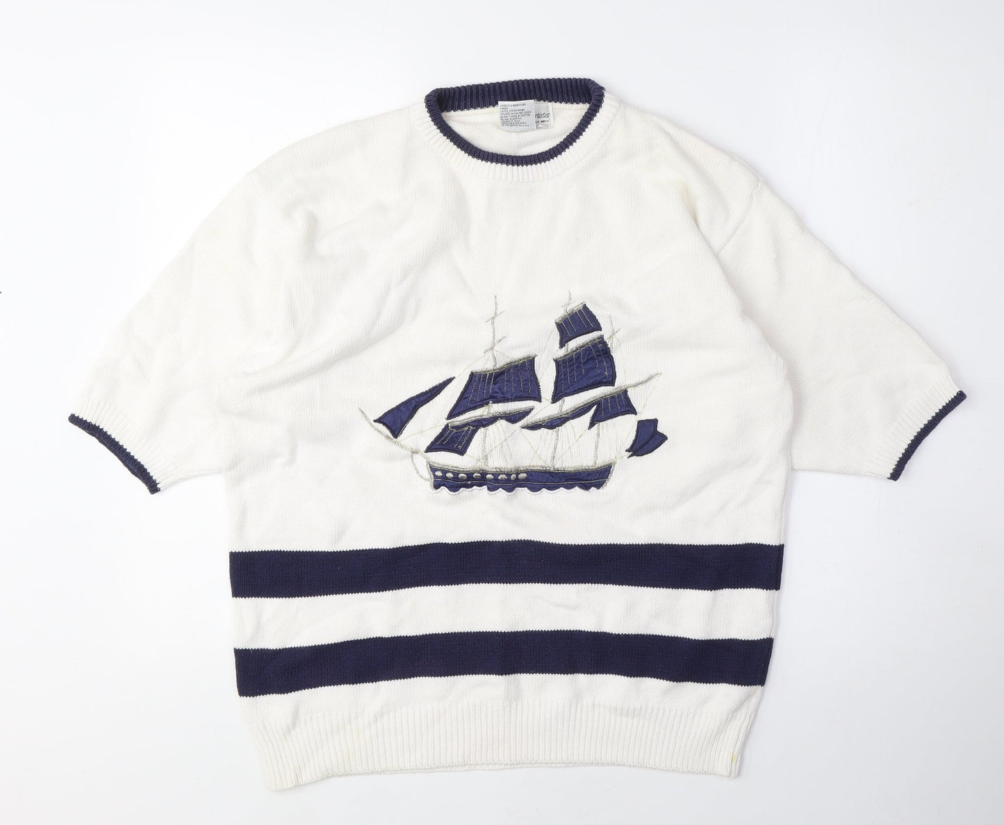 Commedeux Artistes Womens White Crew Neck Cotton Pullover Jumper Size M - Boat, Vintage