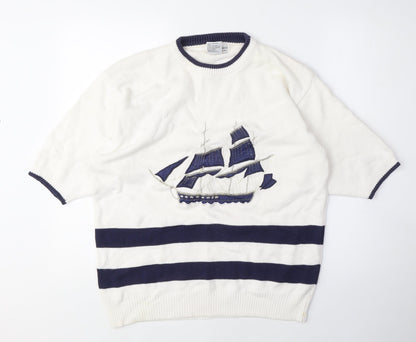 Commedeux Artistes Womens White Crew Neck Cotton Pullover Jumper Size M - Boat, Vintage