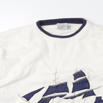 Commedeux Artistes Womens White Crew Neck Cotton Pullover Jumper Size M - Boat, Vintage