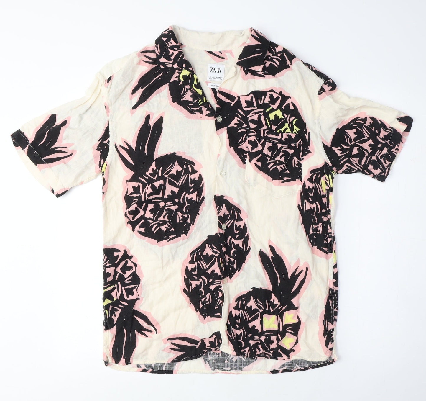 Zara Mens White Cotton Button-Up Size S Collared Button - Pineapple