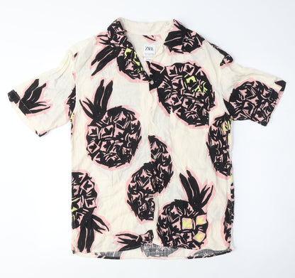 Zara Mens White Cotton Button-Up Size S Collared Button - Pineapple