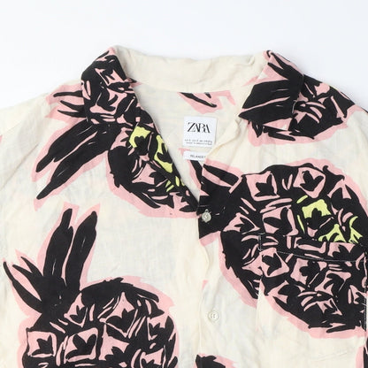 Zara Mens White Cotton Button-Up Size S Collared Button - Pineapple