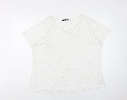Debenhams Womens White Geometric Cotton Basic T-Shirt Size 24 Round Neck