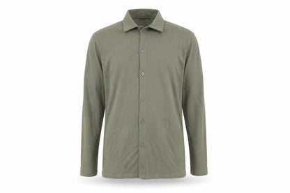 Front view of ASOS men’s green cotton button-up, size L, collared button