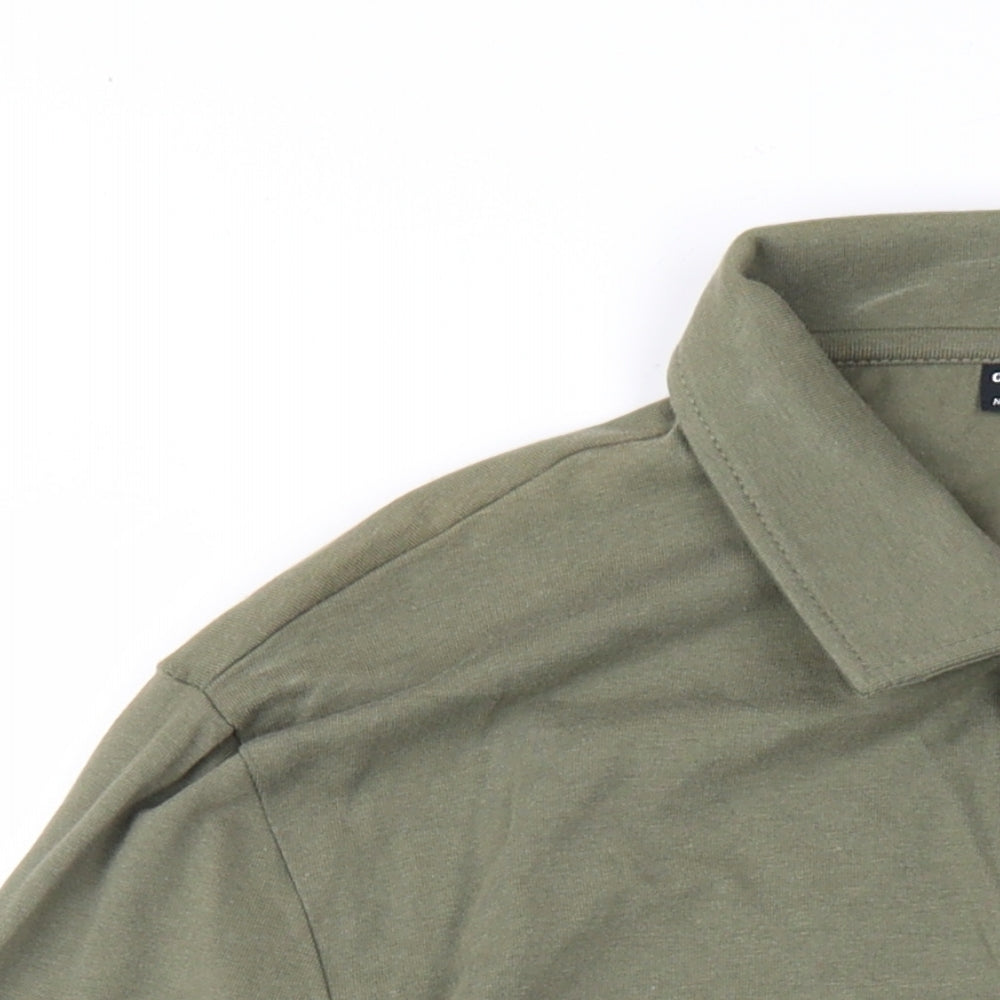 Close-up detail of ASOS men’s green cotton button-up, size L, collared button