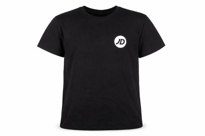 Front view of JD girls’ black cotton basic t-shirt, size 8, years round neck pullover