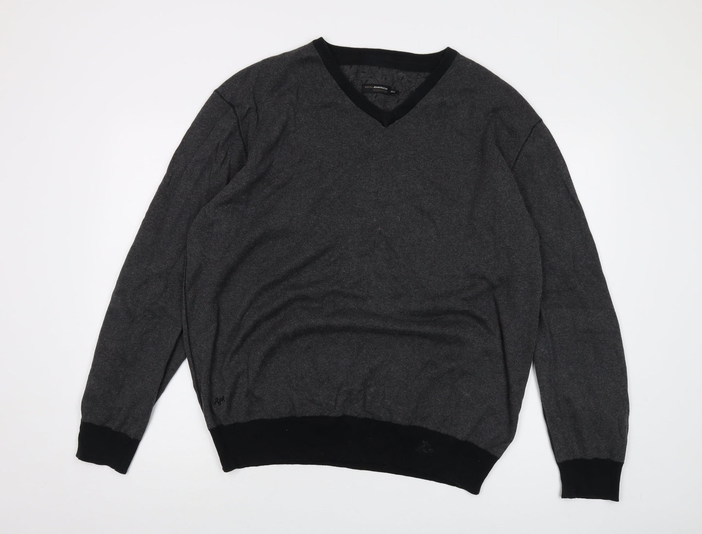 RJR.John Rocha Mens Grey V-Neck Cotton Pullover Jumper Size 3XL Long Sleeve