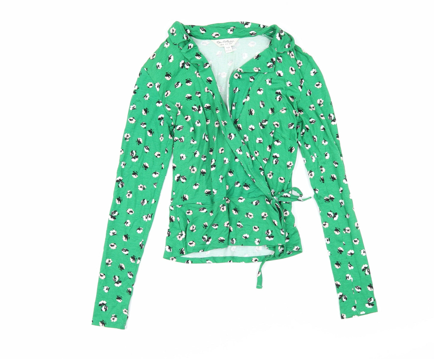 Miss Selfridge Womens Green Floral Viscose Wrap T-Shirt Size 4 Collared - Flowers