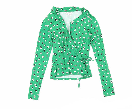 Miss Selfridge Womens Green Floral Viscose Wrap T-Shirt Size 4 Collared - Flowers