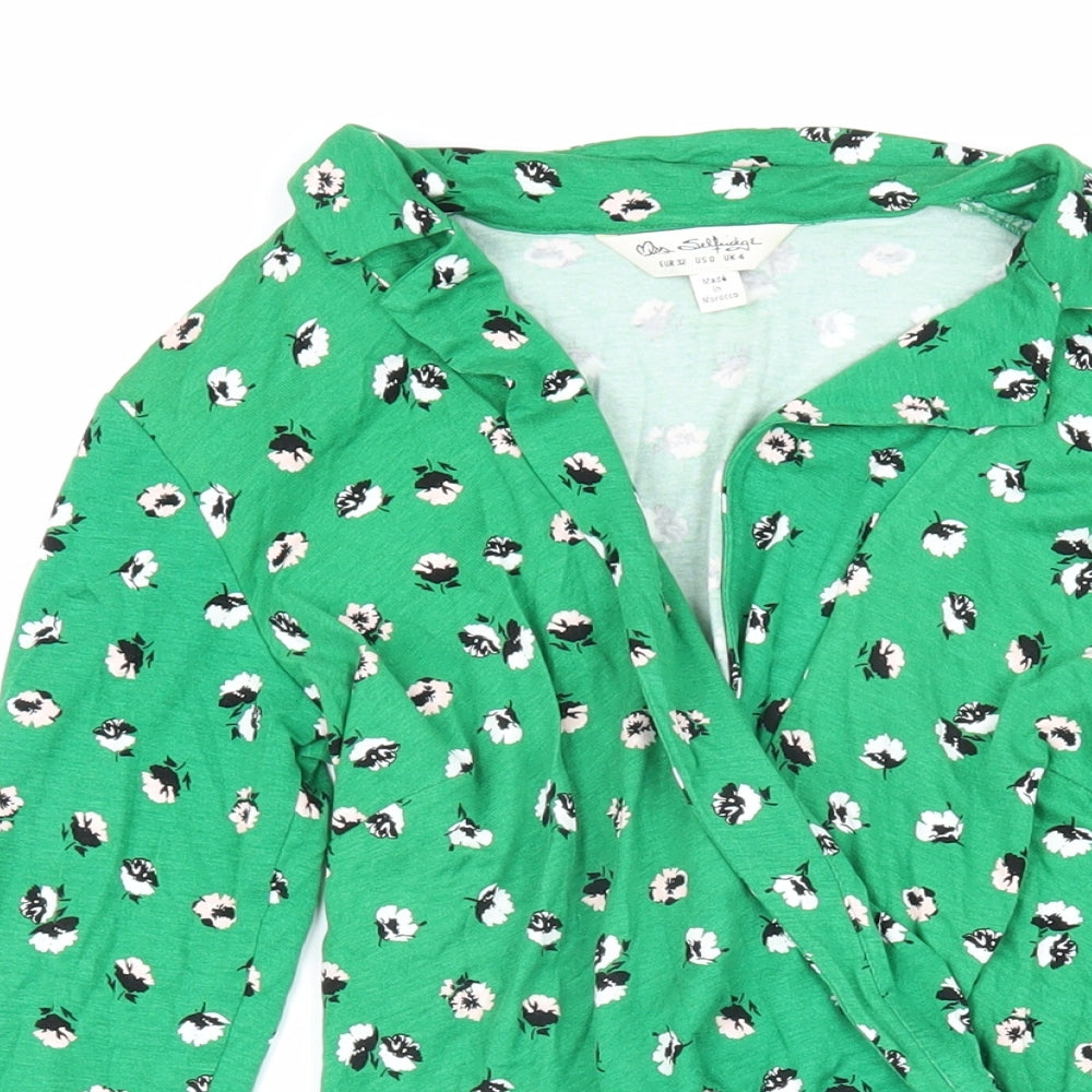 Miss Selfridge Womens Green Floral Viscose Wrap T-Shirt Size 4 Collared - Flowers