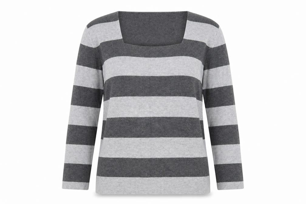 Country Casuals Womens Grey Square Neck Striped Trivinyl Pullover Jumper Size M