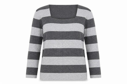 Country Casuals Womens Grey Square Neck Striped Trivinyl Pullover Jumper Size M
