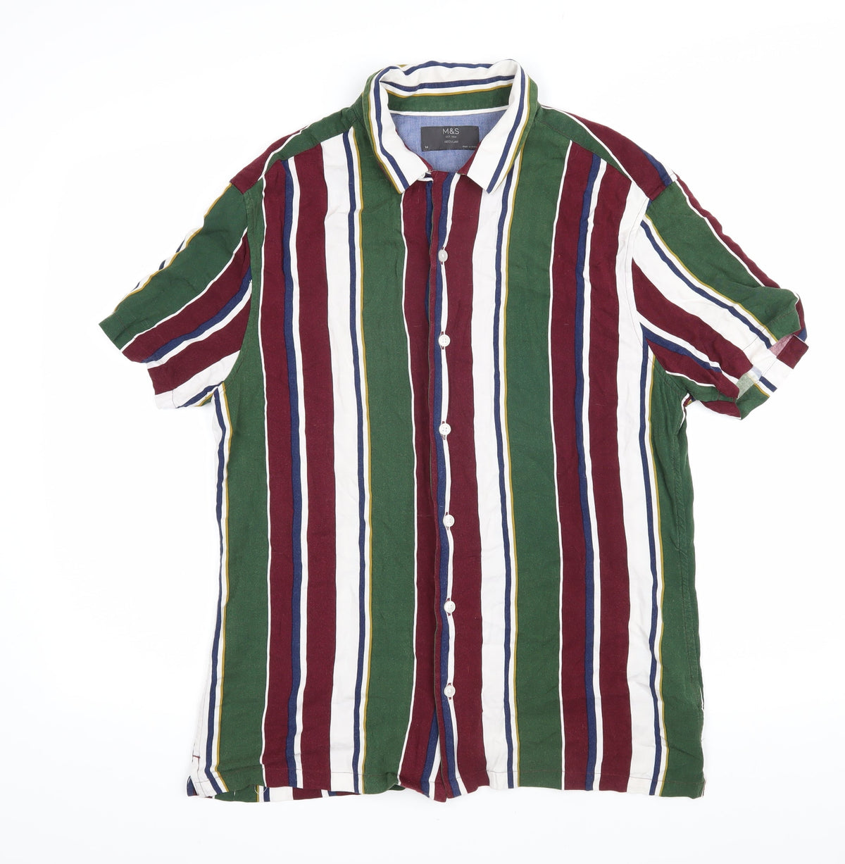 Marks & Spencer Mens Multicoloured Striped Viscose Button-Up Size M Collared Button