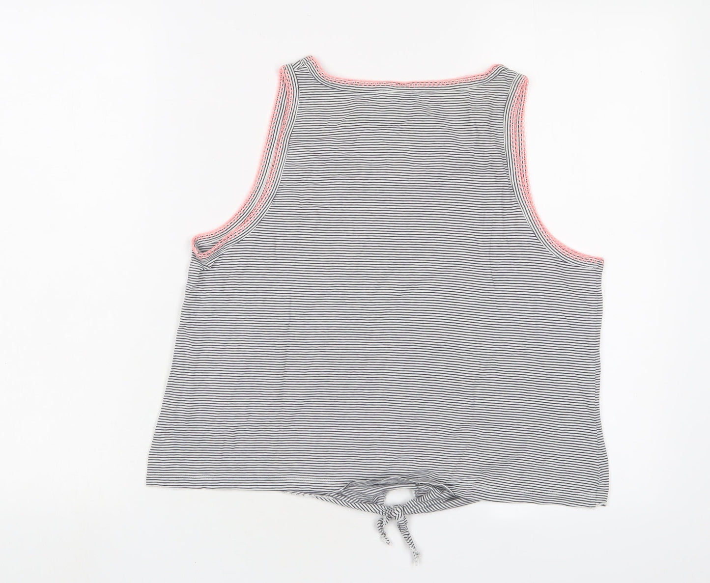 NEXT Girls Black Striped Cotton Basic T-Shirt Size 16 Years Scoop Neck Pullover - Tie Front